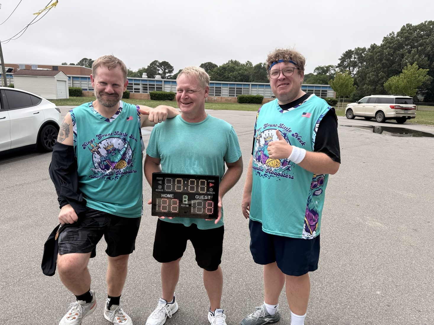 Unstoppable Hoopsters after a basketball game with scoreboard