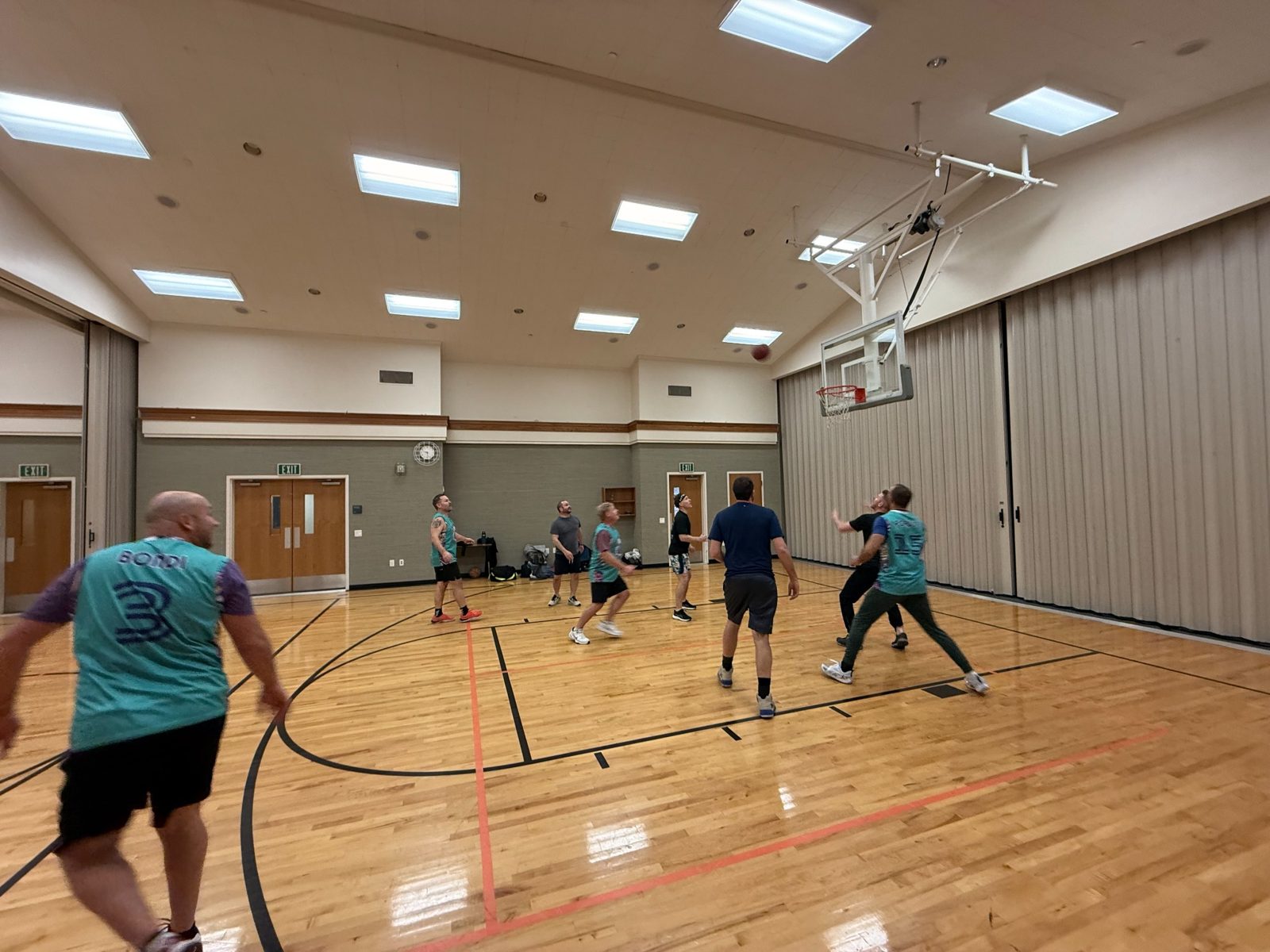 Dad Bod League basketball shot near the basket
